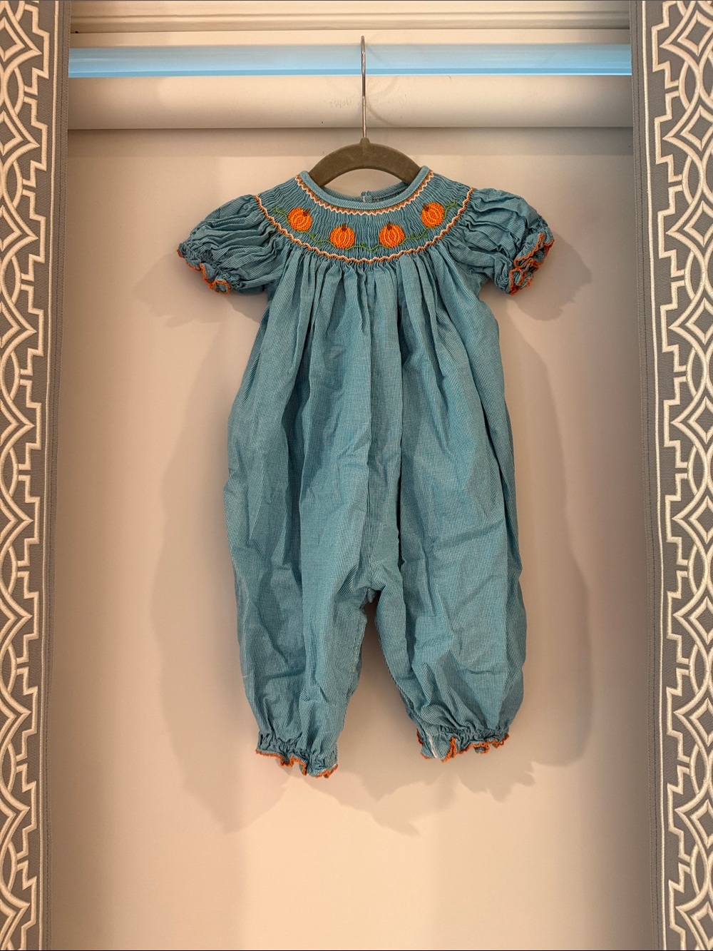 Blue Smocked Pumpkin Motif Baby One-Piece Footie
